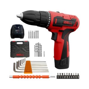 iBELL CD12-74 12V Cordless Drill Driver, 1450RPM, 10mm Chuck, 17+1 Torque Settings, 2-Speed, 1500mAh Battery with 32 Accessories (Red/Black BMC Box