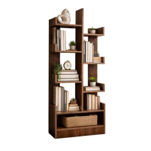 BrilliantJo Modern Zig-Zag Wooden 8-Tier Bookshelf Floor Standing Storage Rack for Books, Decor & Plants – Space Saving Display Shelf for Living Room
